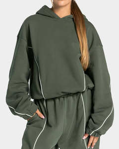 Conjunto Deportivo de Dos Piezas para Mujer, Sudadera con Capucha Oversize Color Caqui con Ribete y Logotipo Personalizado OEM, Ropa Deportiva Transpirable - Product Image 3