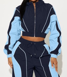 Ensemble de survêtement décontracté pour femme, coupe-vent color block, avec passepoil réfléchissant personnalisé, veste courte et pantalon large, vente en gros, athleisure, ODM - Product Image 5