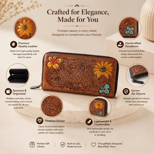 Hand Tooled Genuine Leather Women's Zip Around <b>Wallet</b> Handmade Floral Woven <b>Long</b> <b>Wallet</b> Vintage Western RFID Travel Cash <b>Wallet</b> - Product Image 5