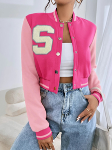 Pink Varsity <b>Jacket</b> Women <b>Short</b> Length Full <b>Sleeve</b> Letter S Embroidery Button Up Turn-down Collar Spring Casual Outerwear - Product Image 2