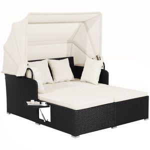 Lit de repos en rotin pour patio avec auvent rétractable et tables d'appoint - Product Image 4