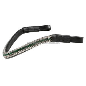Frontalera para Caballo de Cuero Italiano Negro Súper Flexible con Elegantes Cristales Verdes Esmeralda y Transparentes, Frontalera Elegante para Caballos - Product Image 5