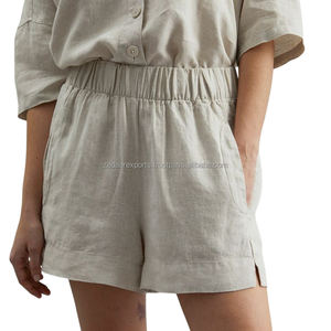 Pantalones cortos de lino para mujer personalizables de alta calidad con bolsillos de tela natural - Product Image 2