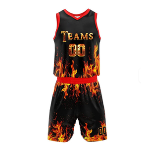 Custom High Quality Basketball Jersey Set Unisex Sleeveless Elastic Waist Sublimated Flame Print Teamwear Breathable Polyester - Product Image 1
