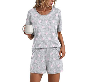 Women Tie Dye Striped 2 Piece Shorts Set O Neck Short Sleeve Loose Fit Casual Spring Summer Knitted Breathable Spandex Polyester - Product Image 4