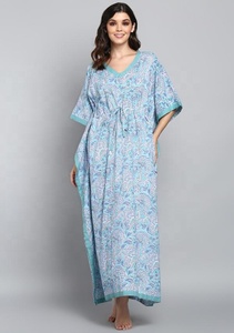 Aqua Blue Hand Block Impreso Floral Tie-Up Cintura Suave Algodón Kaftan Cómodo Airy Kaftan Con Hermoso Estampado Floral - Product Image 3