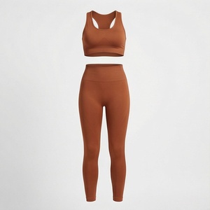 Conjunto de yoga sin costuras para mujer, 2 piezas, sujetador con espalda cruzada y cuello redondo, y leggings de cintura alta - Product Image 1