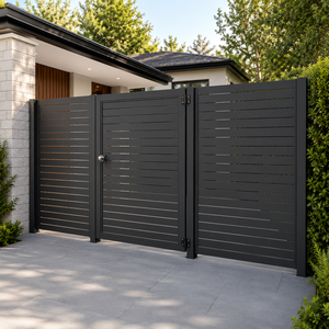 Portail métallique moderne noir à lattes horizontales avec porte piétonne pour entrée de villa, jardin, maison – Design de clôture d'intimité - Product Image 2