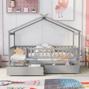 Letto a casetta in legno grigio a una piazza e mezza con due cassetti per bambini - Product Image 2