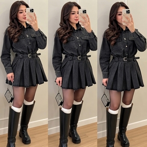 Womens Denim Shirt Dress With Belt <b>Long</b> Sleeve Pleated <b>Skirt</b> Solid Color Casual Stonewashed Autumn Style - Product Image 2