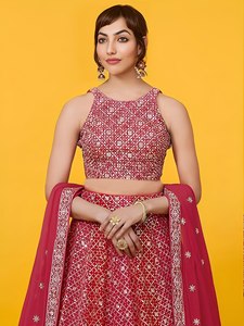 Red <b>Sequined</b> Halter Backless Bridesmaid <b>Crop</b> <b>Top</b> With Spaghetti Straps And Tie Detail - Product Image 3