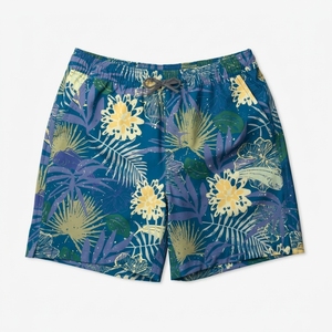 Shorts de bain décontractés pour hommes, bleu marine, imprimé floral, avec cordon de serrage - Product Image 1