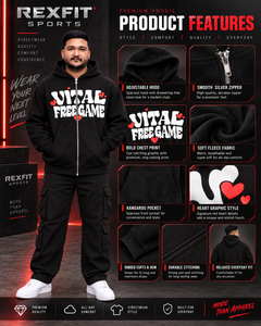 REXFIT SPORTS Men's <b>Black</b> Full Zip Hoodie Heart Graphic Heavyweight Fleece Oversized Streetwear Custom <b>Sweatshirt</b> OEM Wholesaler - Product Image 5