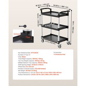 Carrello Utilitario in Plastica a 3 Ripiani con Capacità di Carico di 136 Kg, Ruote Girevoli a 360 Gradi con 2 Freni, 62 x 41 cm - Product Image 4