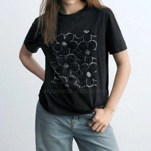 เสื้อเชิ้ตผ้าฝ้ายตกแต่งคริสตัลหรูหราสำหรับผู้หญิง แขนสั้น สไตล์สตรีทแวร์ พิมพ์ลายตามสั่ง จำหน่ายจำนวนมาก เสื้อผ้าแฟชั่นระดับพรีเมียม - Product Image 3