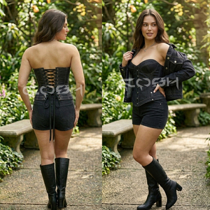 คอร์เซ็ทเดนิมสีดำคุณภาพพรีเมียม พร้อมตะเข็บสีขาวตัดกัน มีกระเป๋าข้างสำหรับใส่ของ  ผู้ผลิตคอร์เซ็ทรัดเอว - Product Image 6