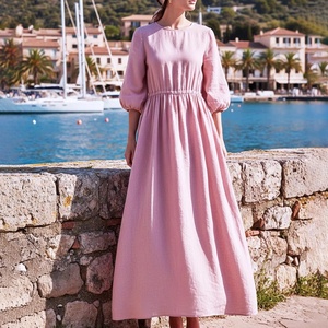 Robe longue minimaliste en coton 100% pour femmes, à manches cloche mi-longues, taille haute et coupe trapèze - Product Image 2