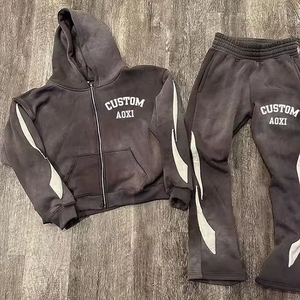 Ensemble de survêtement en molleton marron pour homme, sweat-shirt à capuche et pantalon de jogging, deux pièces, vêtements de sport d'hiver - Product Image 4