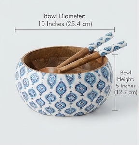 Tazón de Madera con Patrón Geométrico Esmaltado en Azul, 10 Pulgadas de Diámetro, Solo Lavar a Mano, Juego de Utensilios - Product Image 1