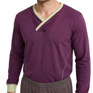 Ensemble de pyjama violet pour homme, haut à manches longues à col en V avec bordure contrastée et pantalon de détente marron - Product Image 6