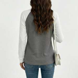 Custom Women <b>Waffle</b> Knit Thermal Long Sleeve Raglan Color <b>Block</b> Crewneck Casual Breathable T Shirt OEM ODM Wholesale - Product Image 3
