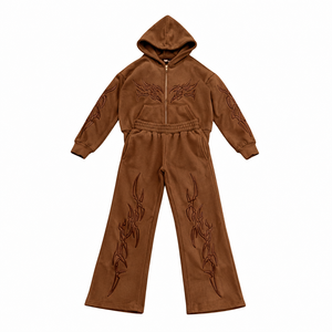 OEM Custom Vintage Streetwear <b>Hoodie</b> Sweatpants Set <b>Lightweight</b> Breathable Heat-Transfer Printed Polyester Fleece Split Hem - Product Image 3