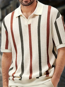 เสื้อโปโลชาย แขนสั้น คอวี ผ้าถักลายทาง น้ำหนักเบา สำหรับฤดูใบไม้ผลิและฤดูร้อน พร้อมปักลายตามสั่ง - Product Image 1