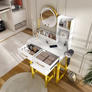 Tocador de dormitorio blanco, tocador, luces LED, toma de corriente de 3 colores, 2 cajones grandes, patas de Metal resistentes, tocadores de maquillaje de Metal - Product Image 4
