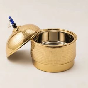 Elegant white <b>ceramic</b> serving dish with dome lid golden knob and side handles premium tableware for soups stews - Product Image 4