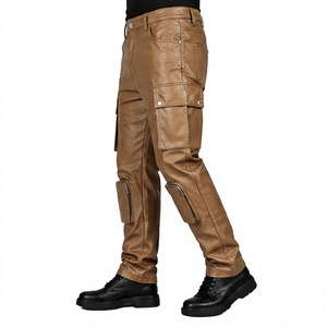 Men's Brown PU Coated <b>Cargo</b> <b>Pants</b> High Waist Multiple Pockets Workwear Style Breathable Midweight Straight Fit Autumn Wear - Product Image 4