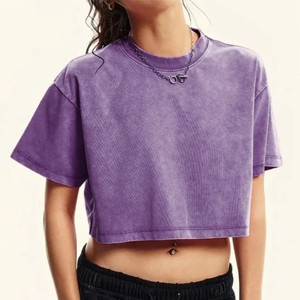 Camiseta Corta de Mezclilla Lavada Sólida y Ajustada con Spandex para Mujer, Estilo Urbano Casual Deportivo, Manga Corta, Fresca, Retro, de Moda, Algodón Suave - Product Image 1