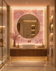Espejo de Pared Cuadrado de Cuarzo Rosa, Decoración de Baño de Piedra Rosa de Lujo, Espejo de Vanidad Moderno para un Interior de Hogar Elegante - Product Image 1