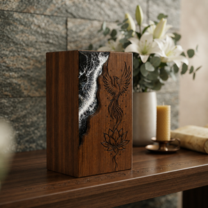 Wooden Urn <b>Memorial</b> Keepsake Box Carved Phoenix Lotus Decorative Cremation Urn Desktop Tribute <b>Gift</b> - Product Image 2