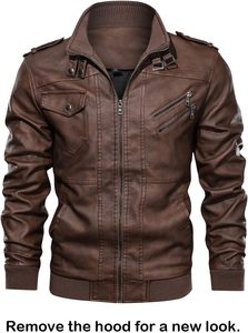 Men Brown PU Leather Moto <b>Biker</b> <b>Jacket</b> Hooded Zipper Front Solid Color Autumn Slim Fit Regular Sleeve - Product Image 5