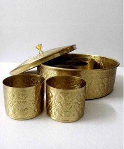 Handcrafted Hammered Brass Masala <b>Box</b> with Lid Spoon Traditional Spice Storage <b>Container</b> - Product Image 1