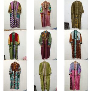 Robe Kimono Maxi Vintage en Soie Recyclée pour Femme, Élégante, Patchwork, Col en V, Cordon de Serrage, Respirante, Séchage Rapide, Idéale pour l'Été - Product Image 1