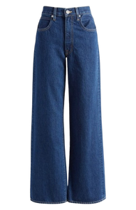 Jean large taille mi-haute pour femme, longueur intégrale, bleu uni, en coton, coupe décontractée, toutes saisons, denim tissé, streetwear, écoresponsable - Product Image 4