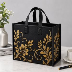 Black Nonwoven Felt Tote <b>Bag</b> Gold Floral Pattern Open Closure Hand Length Handle <b>Medium</b> <b>Size</b> Daily Use Custom Printed - Product Image 4