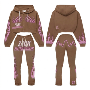 ZAINI Men's 350 GSM Heavyweight Cotton Solid Tracksuit Cropped Hoodie Sweatpants <b>Set</b> Streetwear Winter Custom DTF Print Logo - Product Image 1