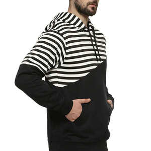 Sweat-shirt à capuche rayé pour homme, noir et blanc, en coton tricoté, décontracté, manches longues, avec poche, pour l'automne - Product Image 5