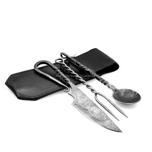 Ensemble de couverts 3 pièces en acier au carbone forgé à la main avec étui en cuir doux couteau de camping ensemble de couteaux médiévaux ensemble de voyage - Product Image 2