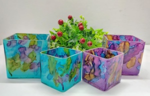 Green and Yellow Shaded Marbleized Fancy Glass High Quality Handmade Decorative Multi-purpose Large <b>Candle</b> <b>Square</b> Textured Jar - Product Image 2