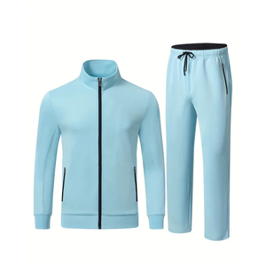 Conjunto Deportivo Unisex Azul Claro, Chaqueta con Cierre Completo y Pantalones, Color Sólido, Ropa Deportiva Informal para Adultos, Temporada de Primavera, Secado Rápido - Product Image 5