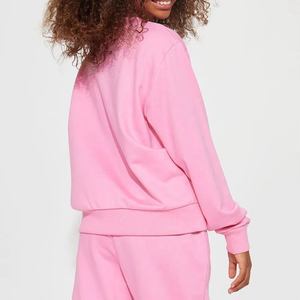 Ensemble de survêtement en coton rose pour femmes grandes tailles, col rond, manches longues, coupe ample, couleur unie, vêtements décontractés d'automne avec poches latérales - Product Image 5
