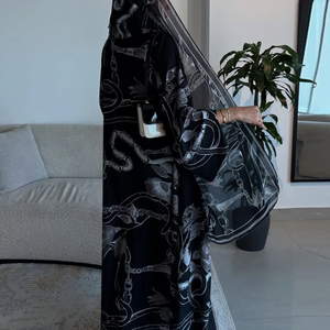 Abaya con Estampado Floral, Elegante Abaya de Dos Piezas, Capa Musulmana Modesta, Cárdigan Abaya, Kaftán Étnico Abierto por Delante, Estilo Dubái - Product Image 1