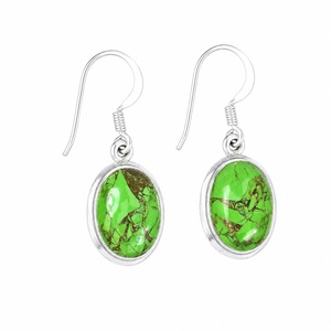 Pendientes Colgantes Hechos a Mano de Plata de Ley 925 con Turquesa Verde Cobre, Joyería de Piedras Preciosas Ovaladas para Mujer - Product Image 1