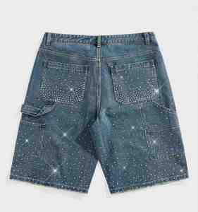 Pantalones Cortos Bermuda de Mezclilla para Hombre al por Mayor, de Cintura Alta Elástica, con Estampado de Purpurina y Puntos, Casuales, de Algodón Tejido de Secado Rápido - Product Image 4