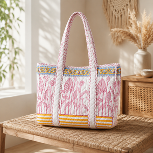 Bolso Tote de Algodón Acolchado con Estampado Floral Hecho a Mano, Cierre de Cremallera, Bordado, Bolso de Hombro Grande Estilo Jaipur para Mujer - Product Image 1