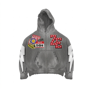 Sweat à capuche zippé en molleton de coton mélangé 420 GSM, gris chiné avec empiècements de manches blancs, logo personnalisé - Product Image 1