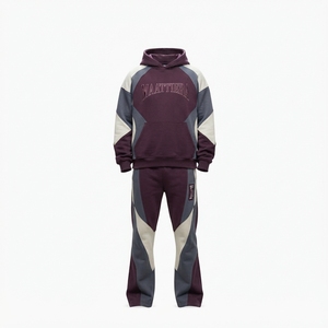 Mens Burgundy Gray White Color Block Tracksuit Set <b>Zip</b> <b>Up</b> <b>Jacket</b> Flared Pants Custom Streetwear Sportswear - Product Image 3
